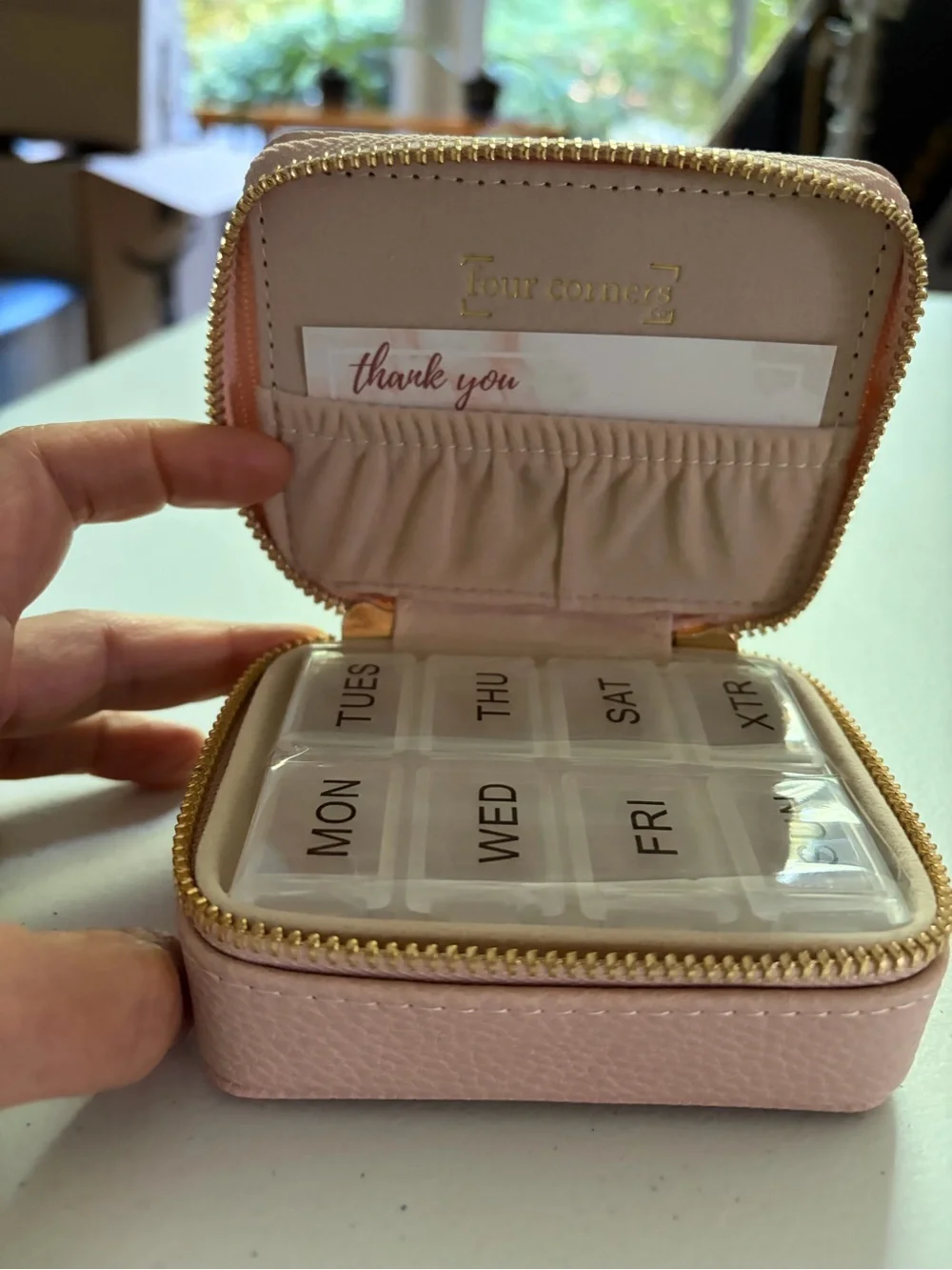 Four Corners Weekly Pill Organizer/Jewelry Travel Case  Blush with Gold Hardware